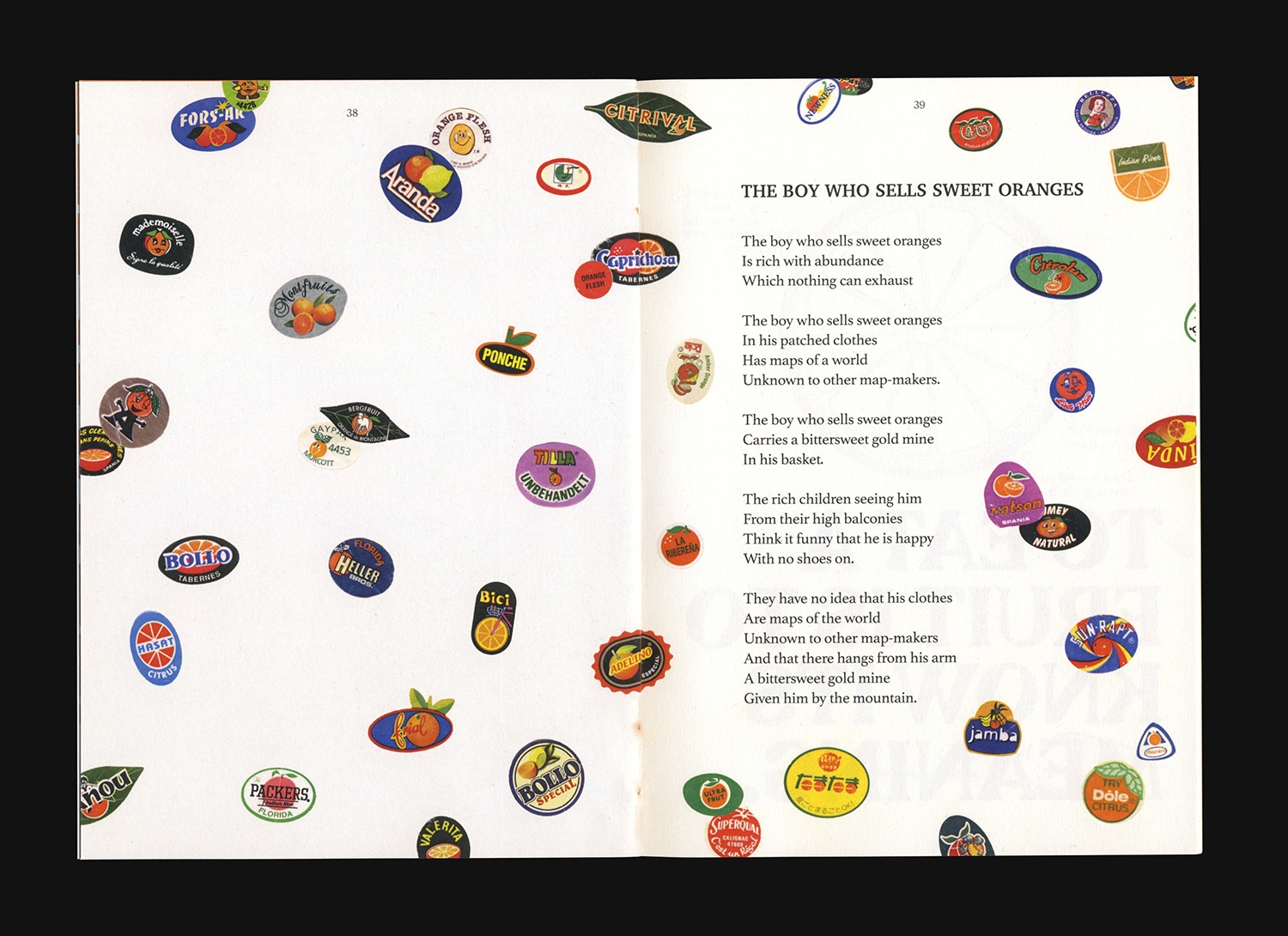 Book spread with a poem and fruit stickers.