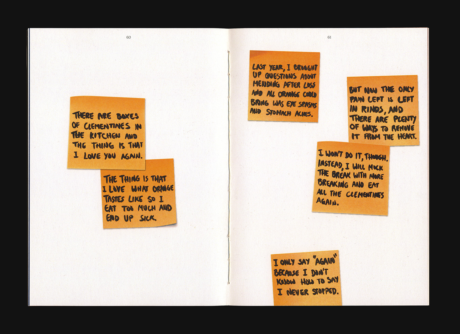 Book spread with text on sticky notes.
