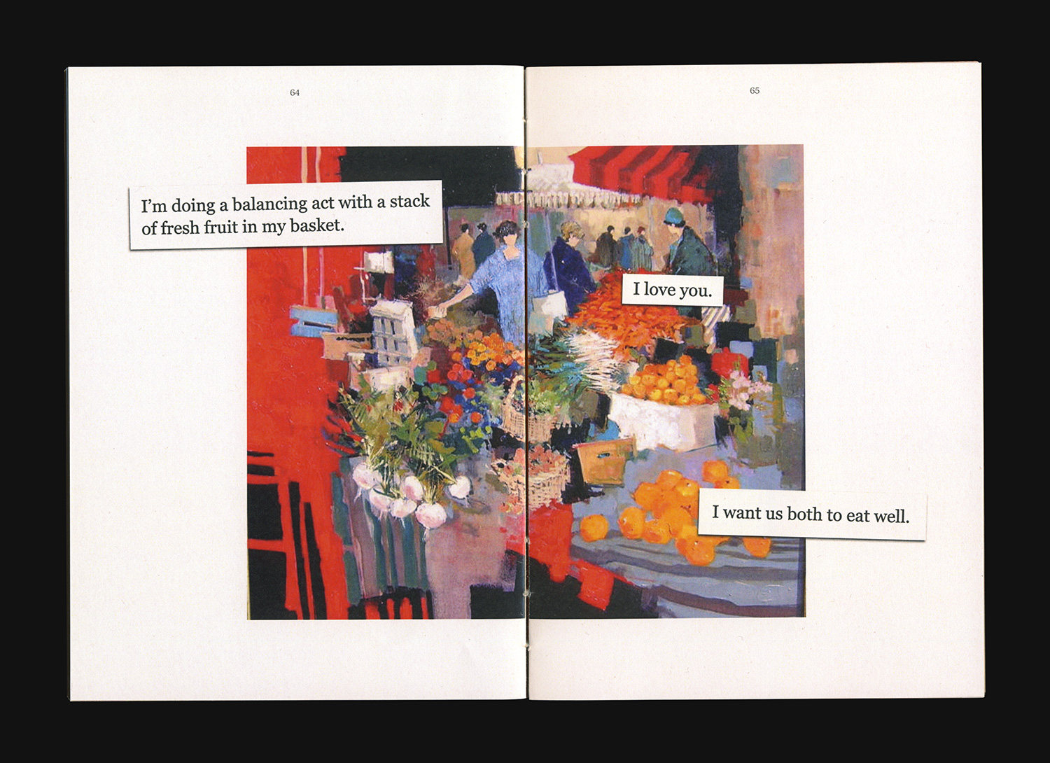 Book spread with text and a painting.
