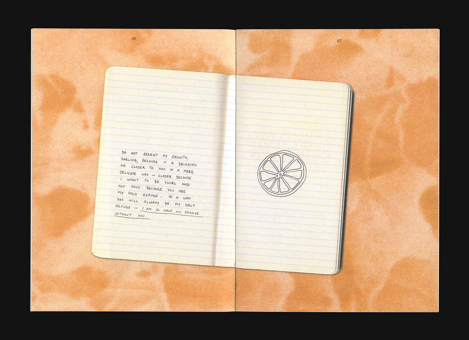 Book spread with text on a notebook.
