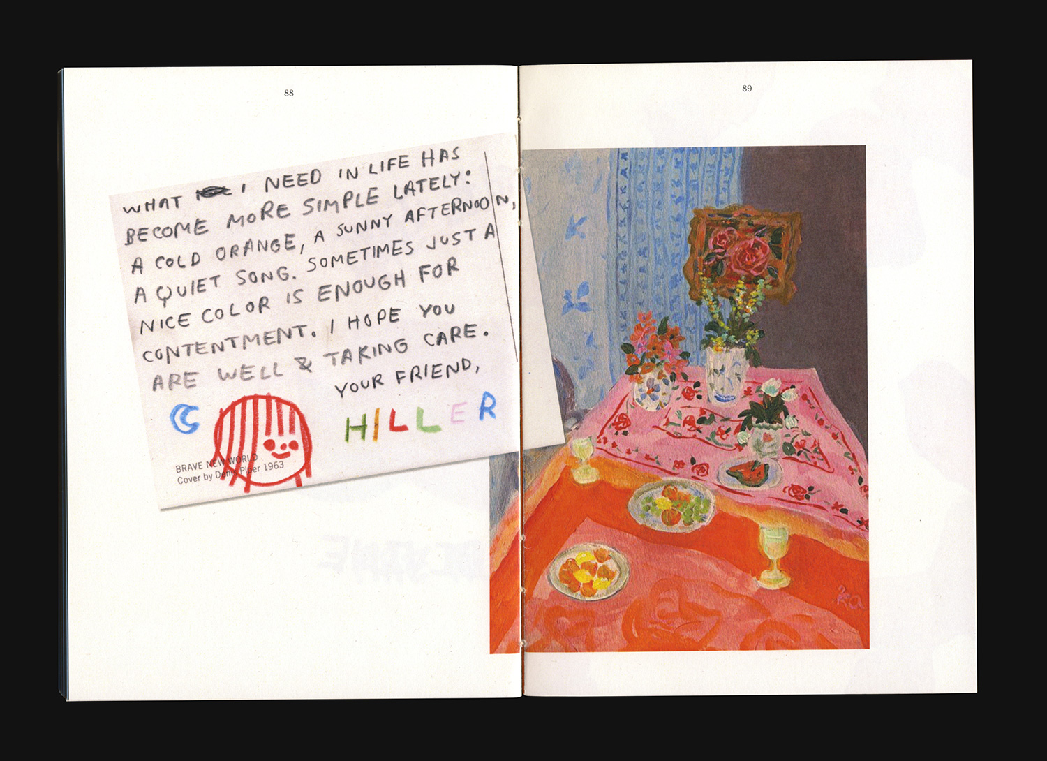 Book spread with text on a postcard and a painting.