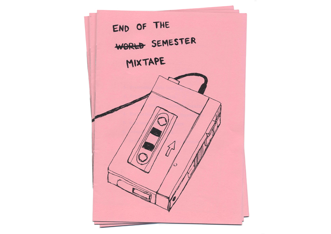 Cover of a zine printed on pink paper with an illustration of a cassette player.