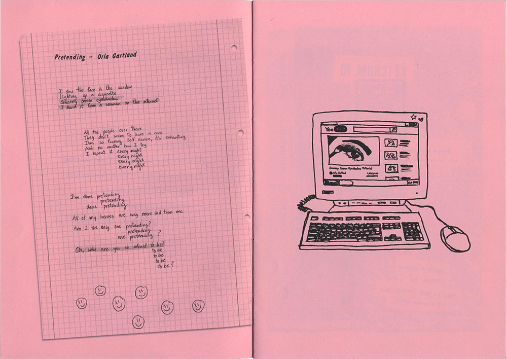 Spread of the zine with lyrics and an illustration of the song 'Pretending' by Orla Gartland. The lyrics are written on a piece of graph paper and the illustration is an old desktop computer with a YouTube make-up tutorial playing.