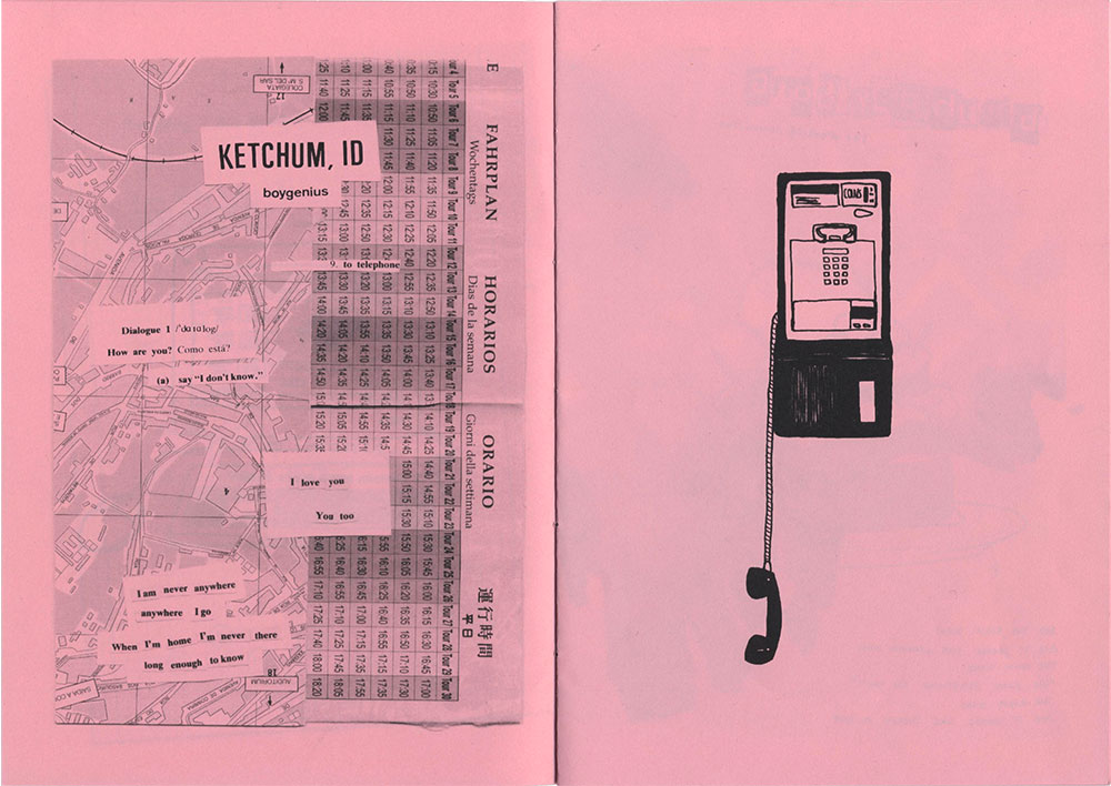 Spread of the zine with lyrics and an illustration of the song 'Ketchum, ID' by boygenius. The lyrics are cut from translation books and pasted on top of tourist maps and the illustration is a payphone with the phone hanging.