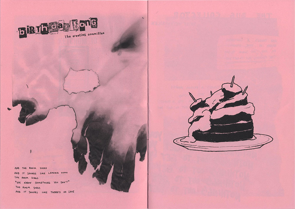 Spread of the zine with lyrics and an illustration of the song 'Birthday Song' by The Greeting Committee. The lyrics are written on burned paper and the illustration is a birthday cake falling apart.
