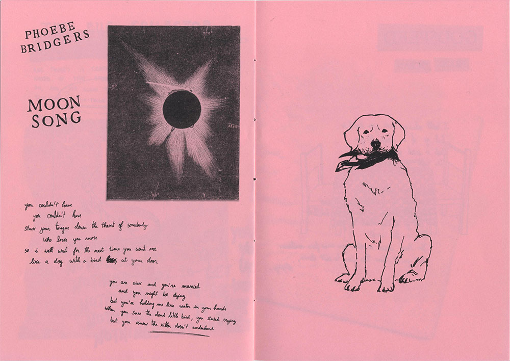 Spread of the zine with lyrics and an illustration of the song 'Moon Song' by Phoebe Bridgers. The lyrics are accompanied by a vintage picture of an eclipse and the illustration is a sitting dog with a bird in its mouth.