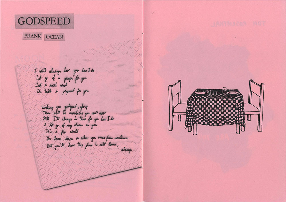 Spread of the zine with lyrics and an illustration of the song 'Godspeed' by Frank Ocean. The lyrics are written on a paper napkin and the illustration is a set table and two chairs.