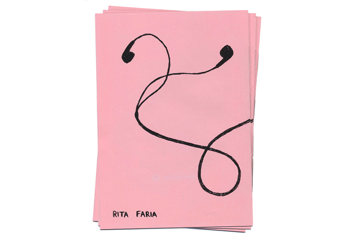 Back cover of the zine with an illustration of earphones as a continuation of the front cover.