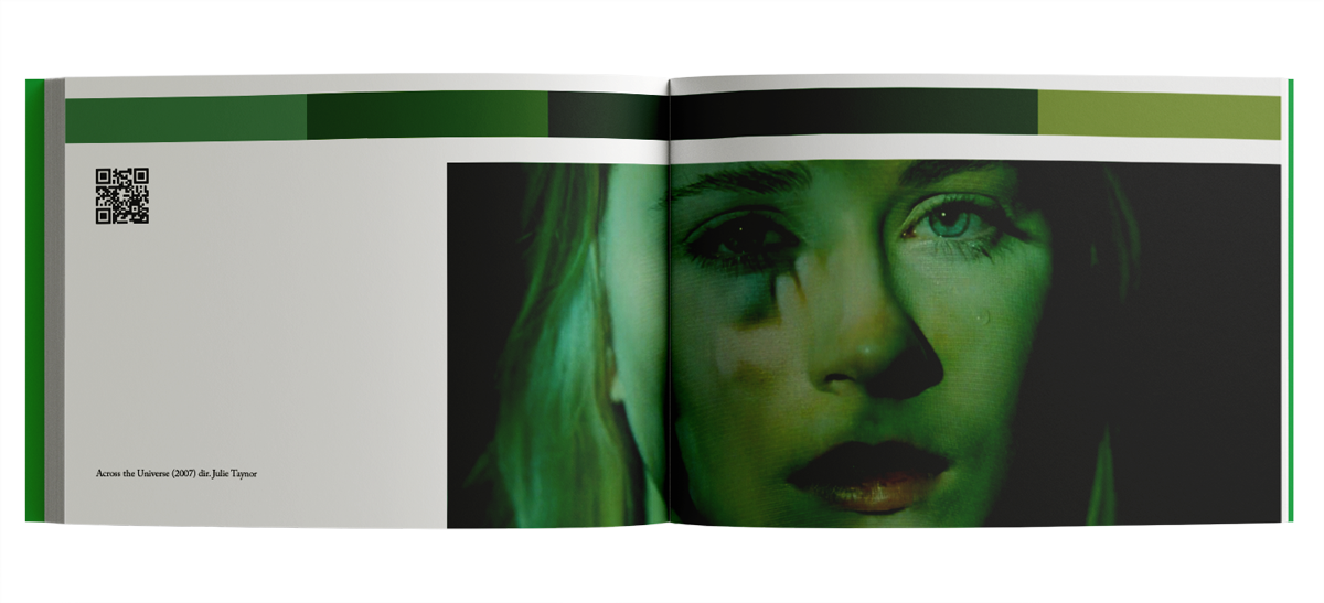 Spread of the book with a frame from the movie 'Across the Universe' and its color palette.