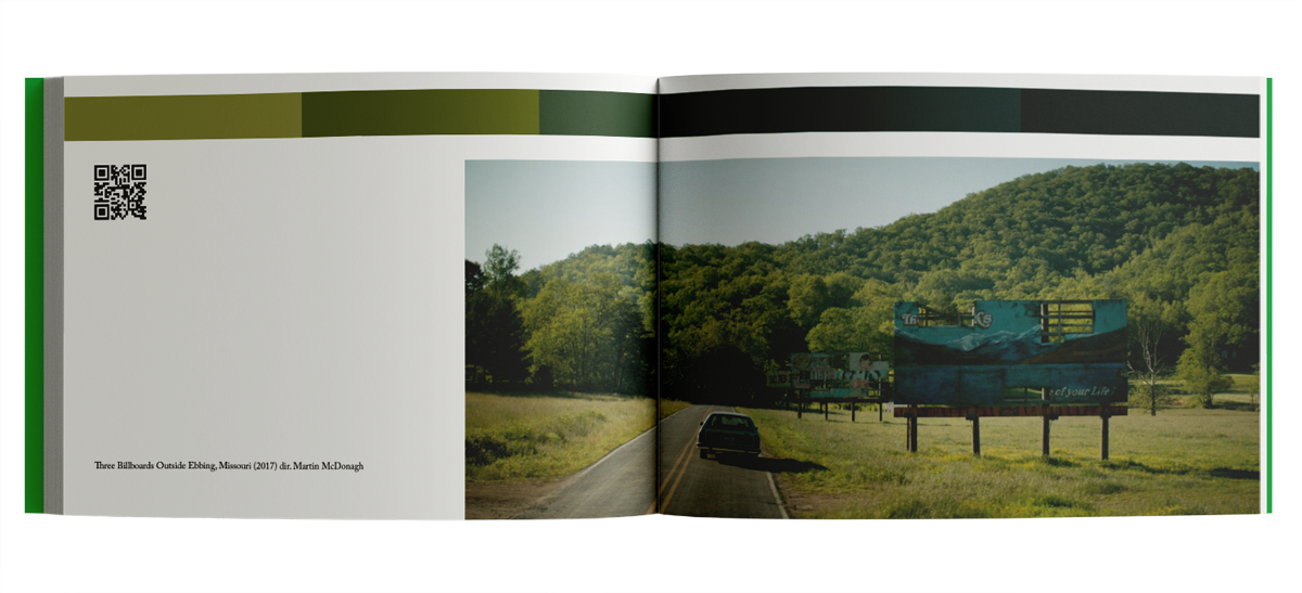 Spread of the book with a frame from the movie 'Three Billboards Outside Ebbing, Missouri' and its color palette.
