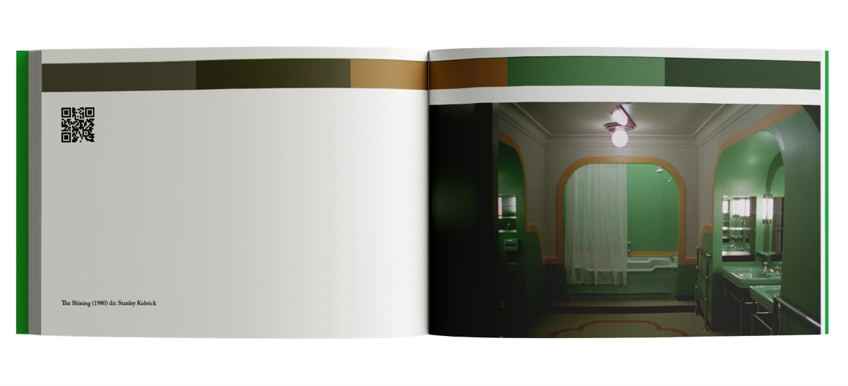 Spread of the book with a frame from the movie 'The Shining' and its color palette.