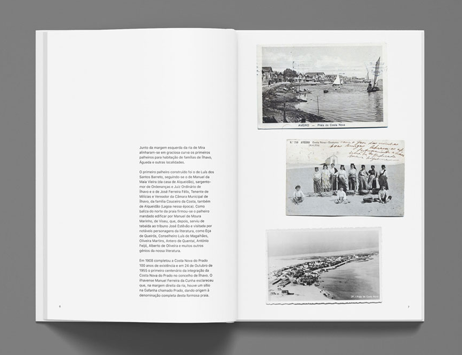 Spread of the book with text and old postcards of Costa Nova.