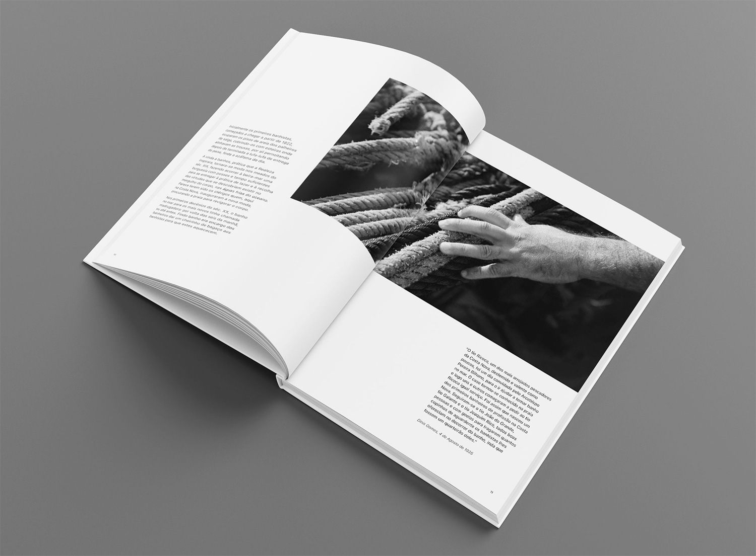 Spread of the book with text and a photo of a fisherman's hands.