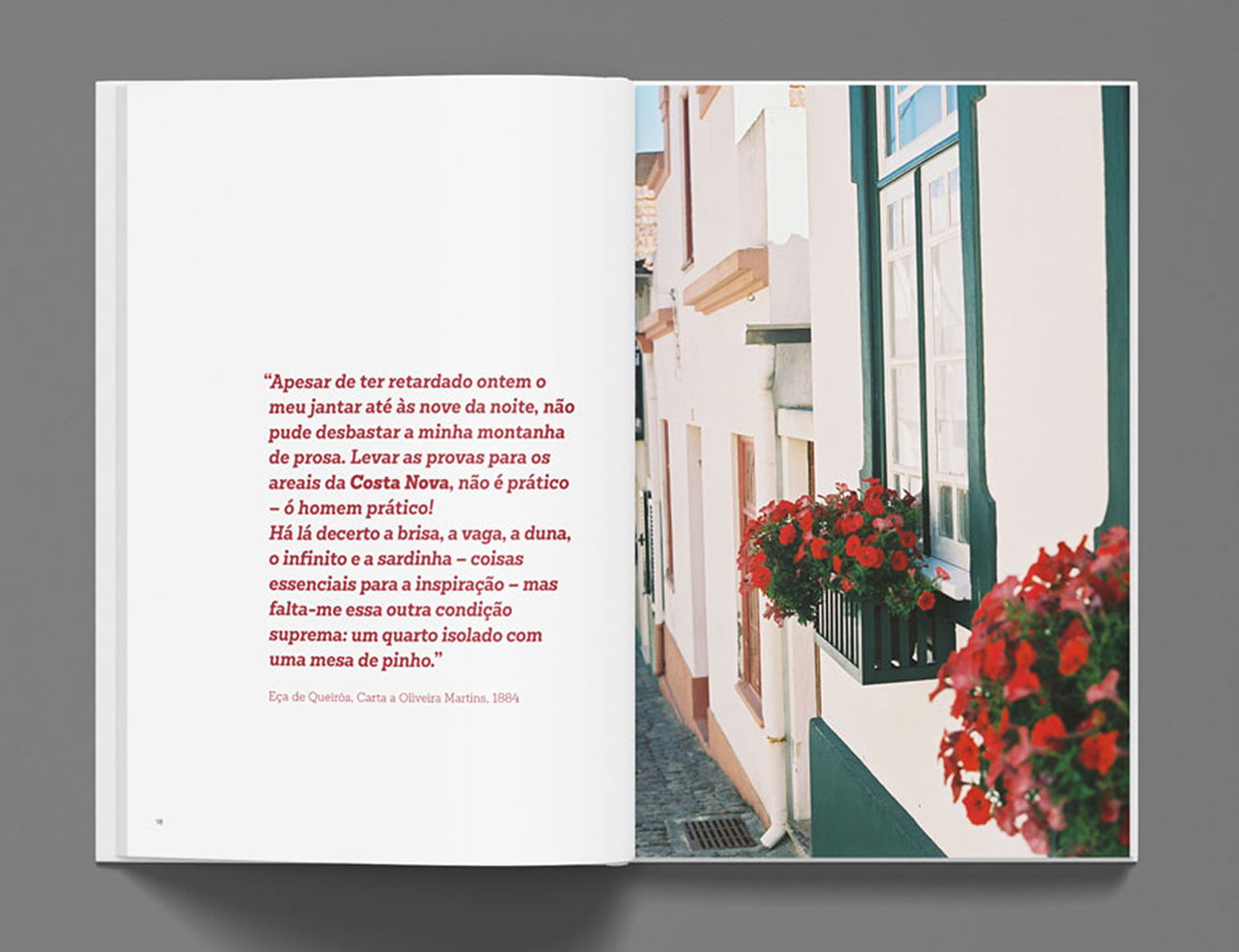 Spread of the book with text and a photo of the typical colorful houses in Costa Nova.