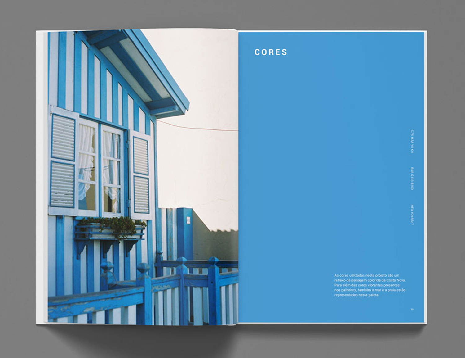Spread of the book with text and a photo of the typical colorful houses in Costa Nova.