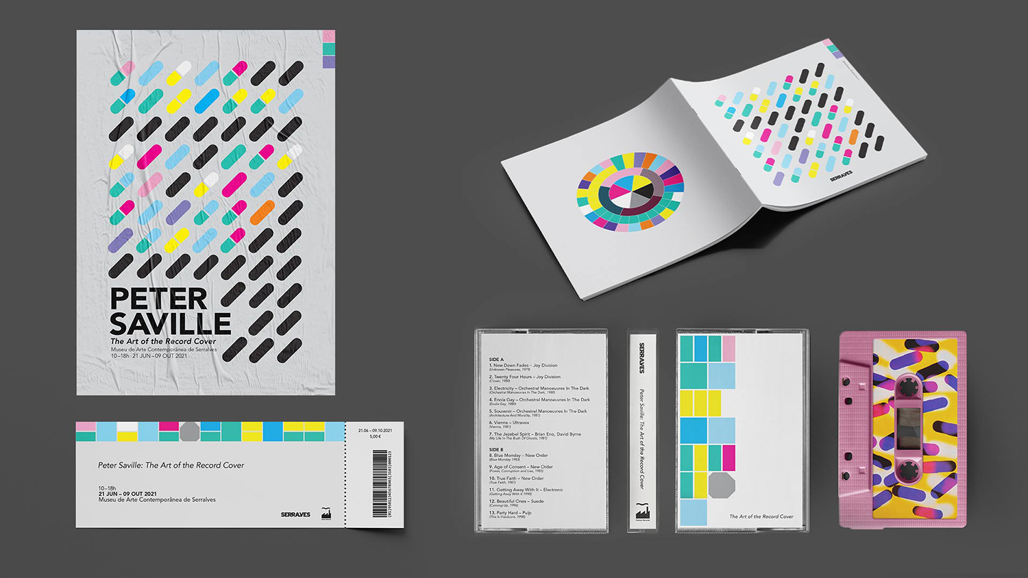 A poster, a ticket, a booklet and a cassette tape in the style of Peter Saville to promote an exhibition.