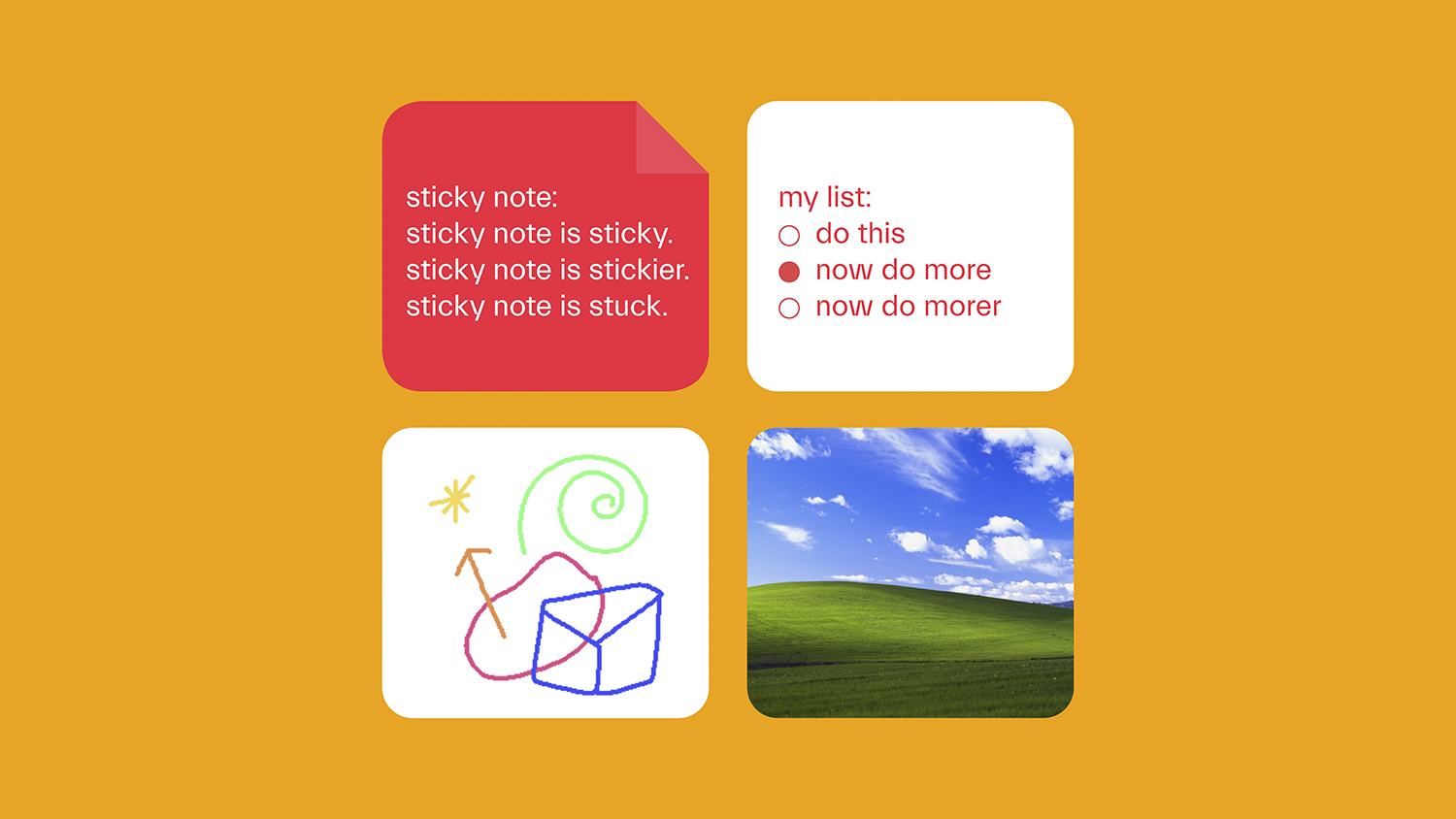 App features: sticky notes, lists, doodles and photos.